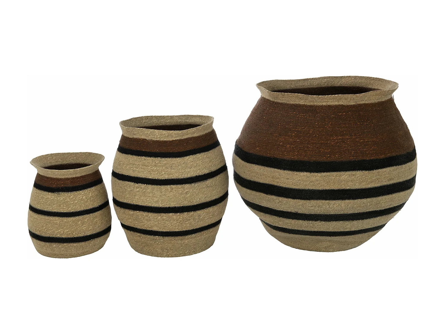 Lot de 3 Cache-Pots Paniers Rayures "Herbes Marines" 58cm Marron