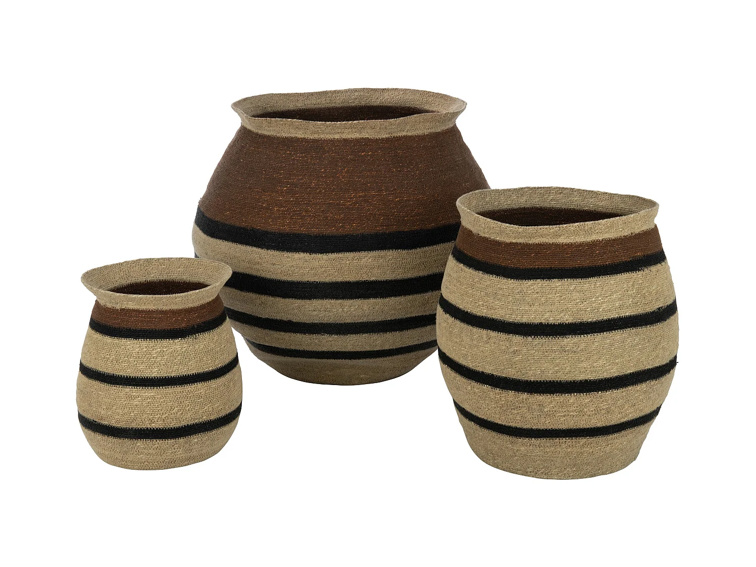 Lot de 3 Cache-Pots Paniers Rayures "Herbes Marines" 58cm Marron
