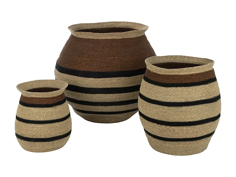 Lot de 3 Cache-Pots Paniers Rayures "Herbes Marines" 58cm Marron