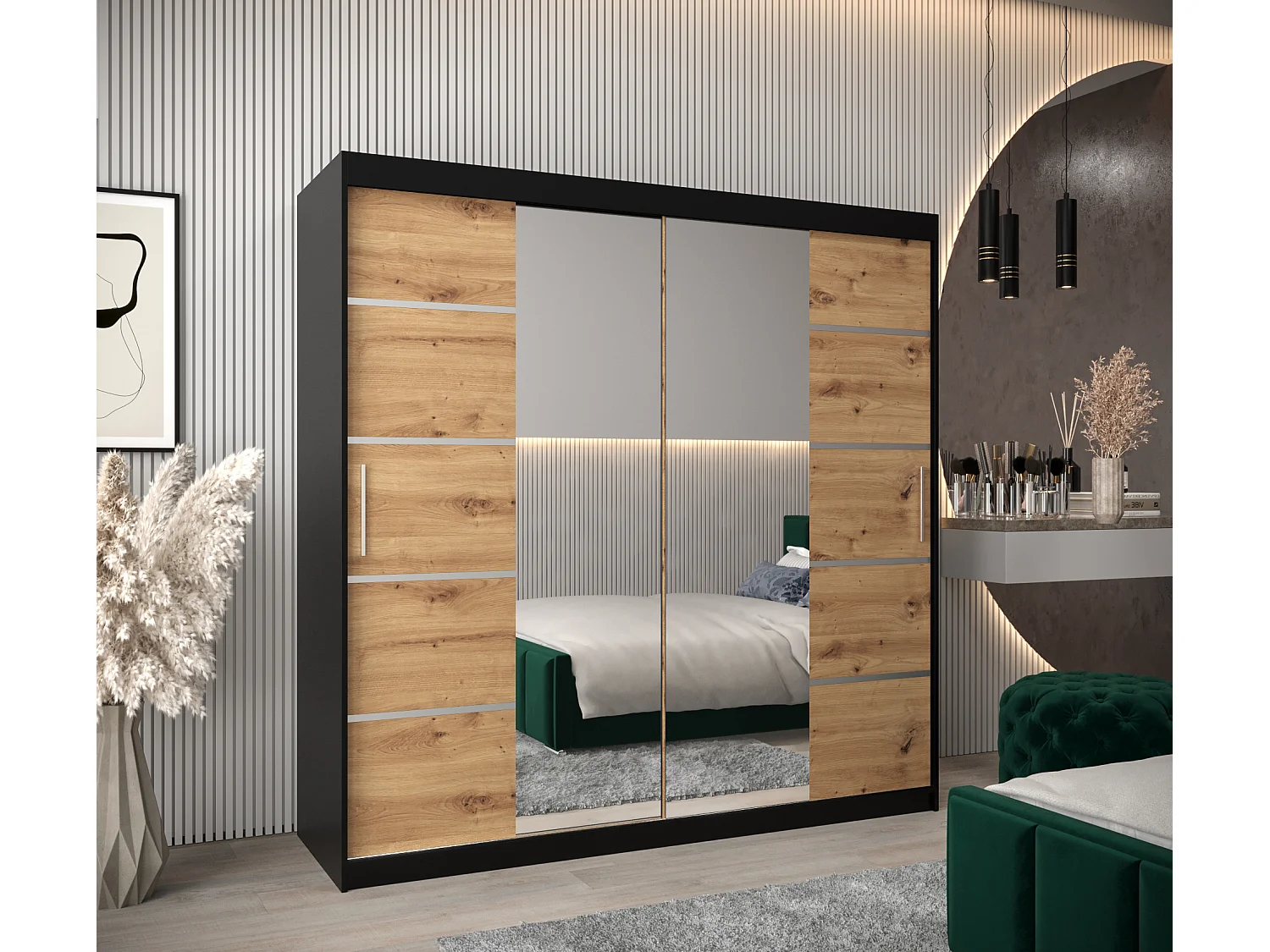 ARMOIRE VERONA 4 À PORTES COULISSANTES 200/200/62 2 Portes (Noir/Artisan)