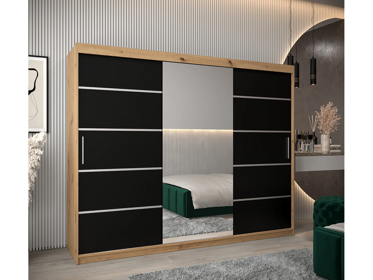 ARMOIRE VERONA 2 À PORTES COULISSANTES 200/250/62 3 Portes (Artisan/Noir)