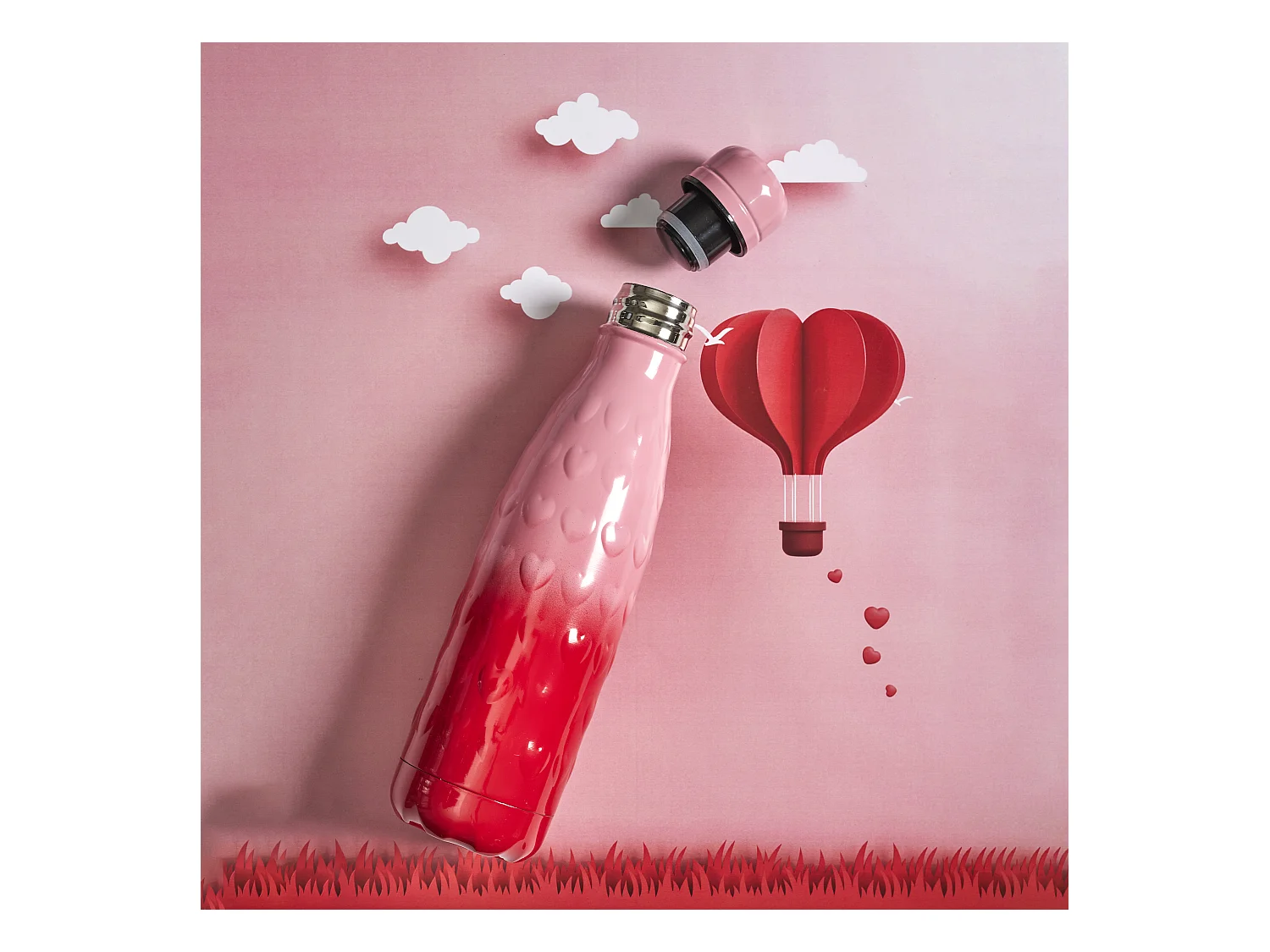 Coffret Bouteille Embossee Avec Porte Clef Rouge, Rose