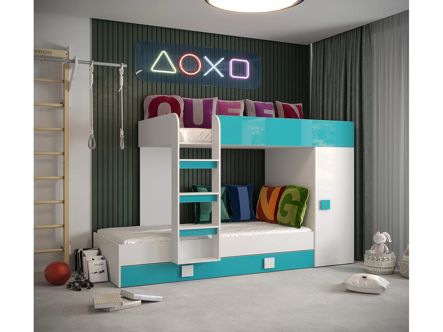 TOLEDO 2 Lit superposé 203,3/106,6/125 (blanc/turquoise)