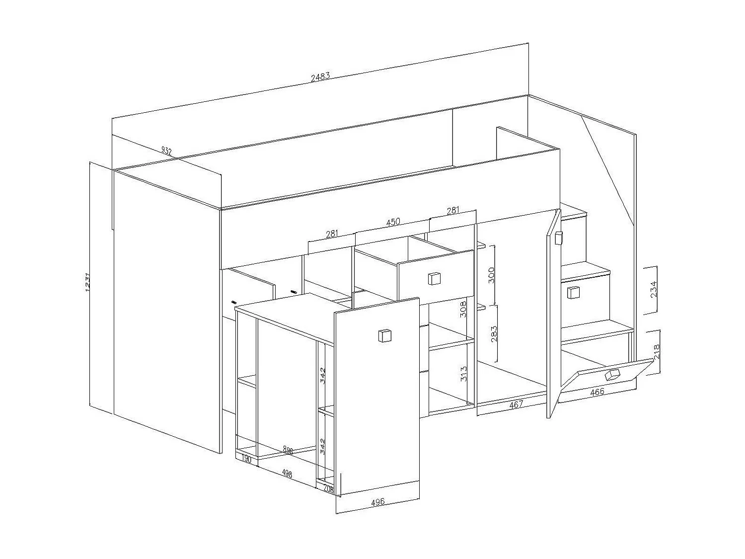 Stapelbed TOLEDO 3P 248,5/123/93 (wit/zwart/wit)