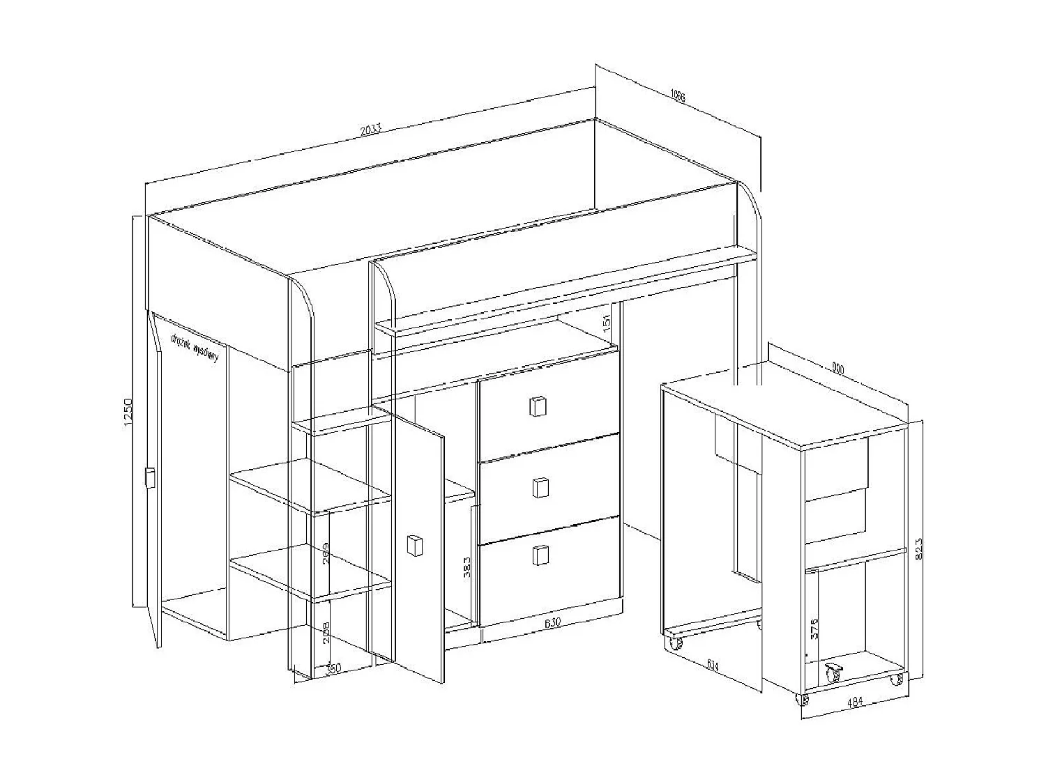 TOLEDO 1 Lit superposé 203,3/106,6/125 (blanc/rose)