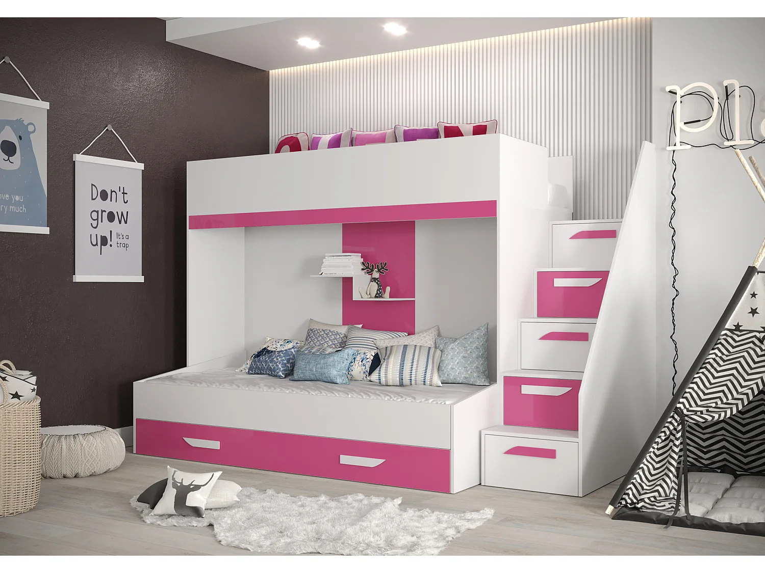 Stapelbed PARTY 16 247/165/135 (wit/roze)