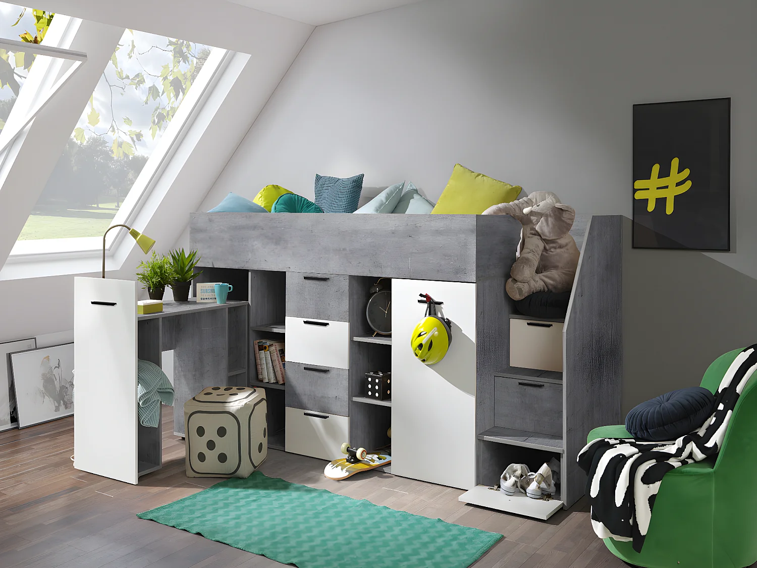 Stapelbed KONKRET 3P 248,5/123/93 (beton/wit)