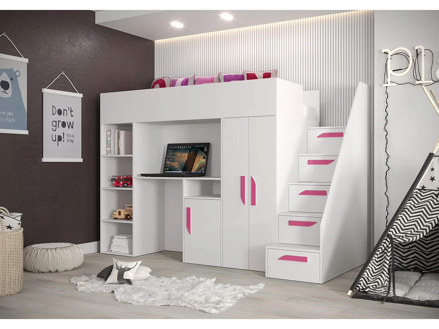 PARTY 14 Etagenbett 247/165/120 (weiß/weiß/rosa)