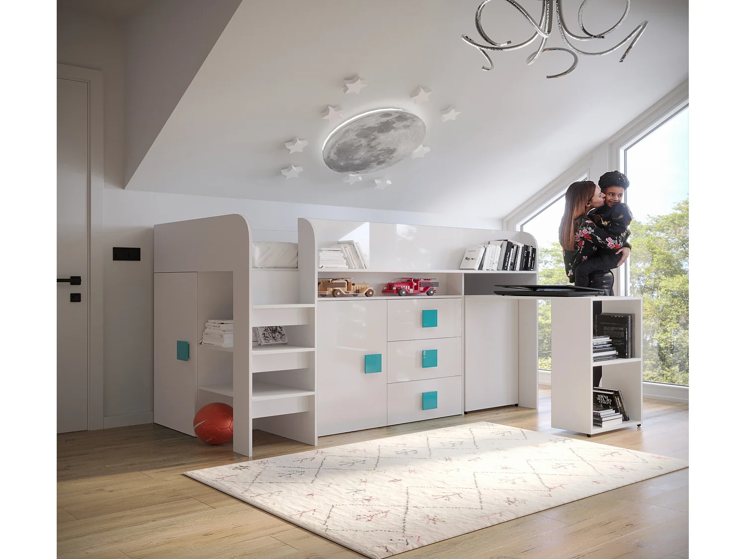 TOLEDO 1 Lit superposé 203,3/106,6/125 (blanc/blanc/turquoise)