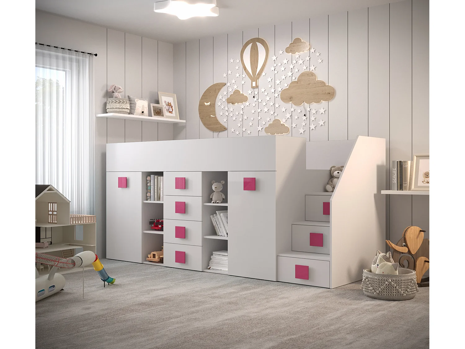 TOLEDO 3P Etagenbett 248,5/123/93 (weiß/weiß/rosa)