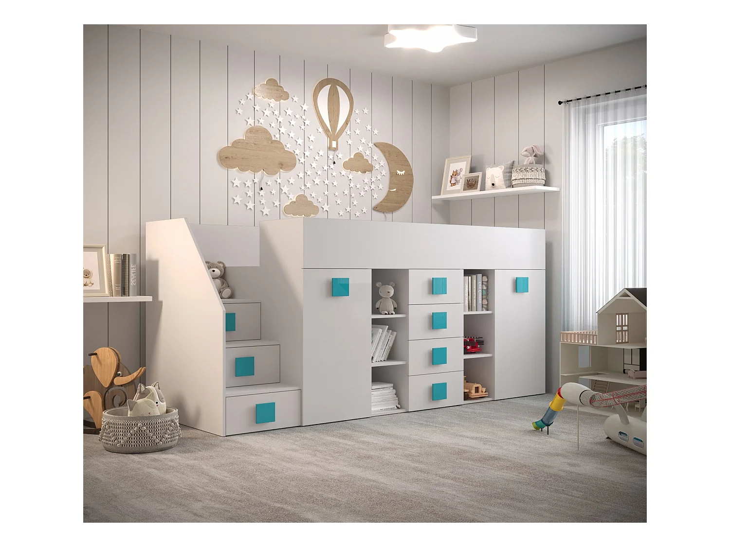 TOLEDO Stapelbed 3L 248,5/123/93 (wit/wit/turquoise)