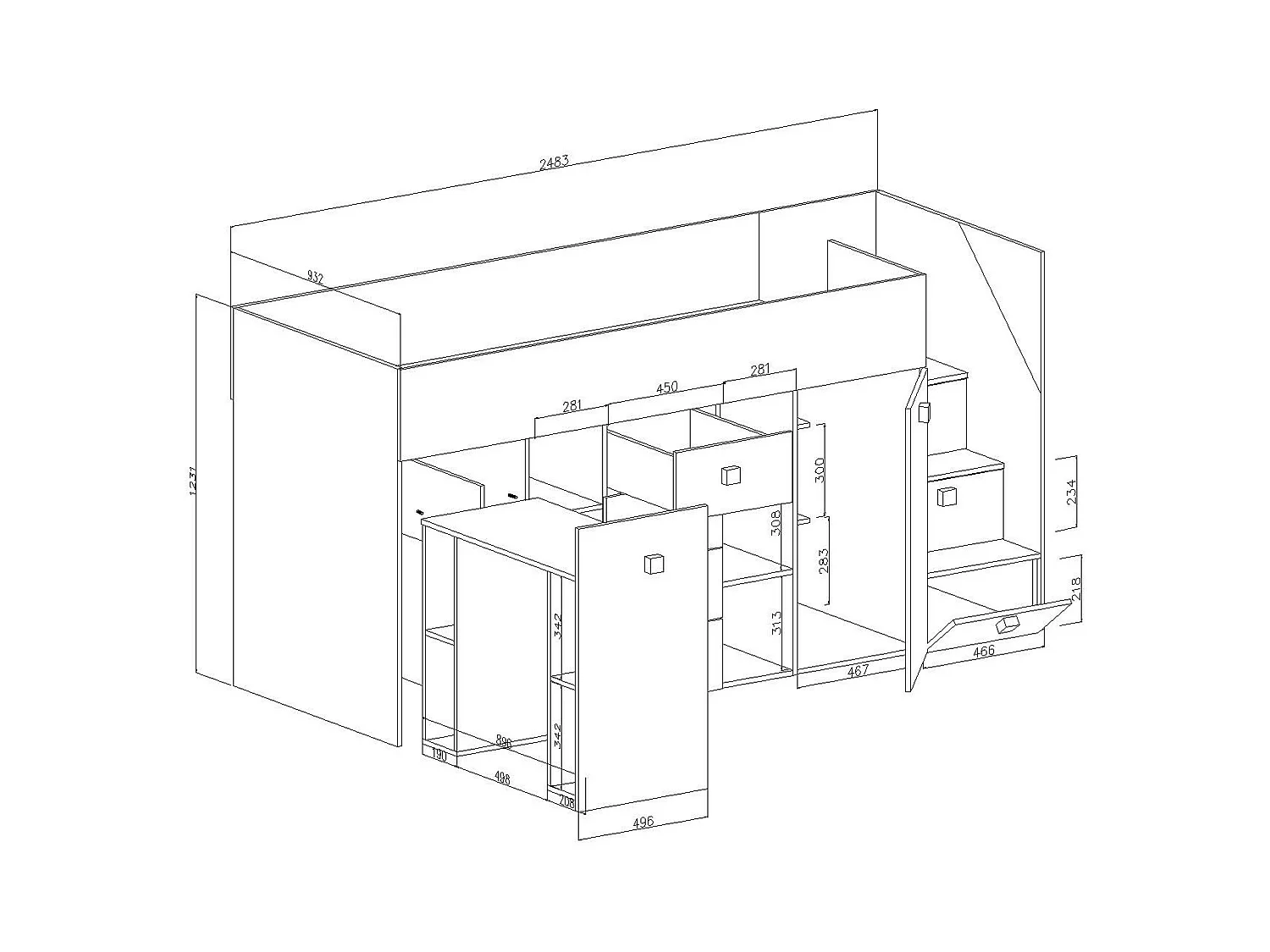 TOLEDO Stapelbed 3L 248,5/123/93 (wit/wit/turquoise)