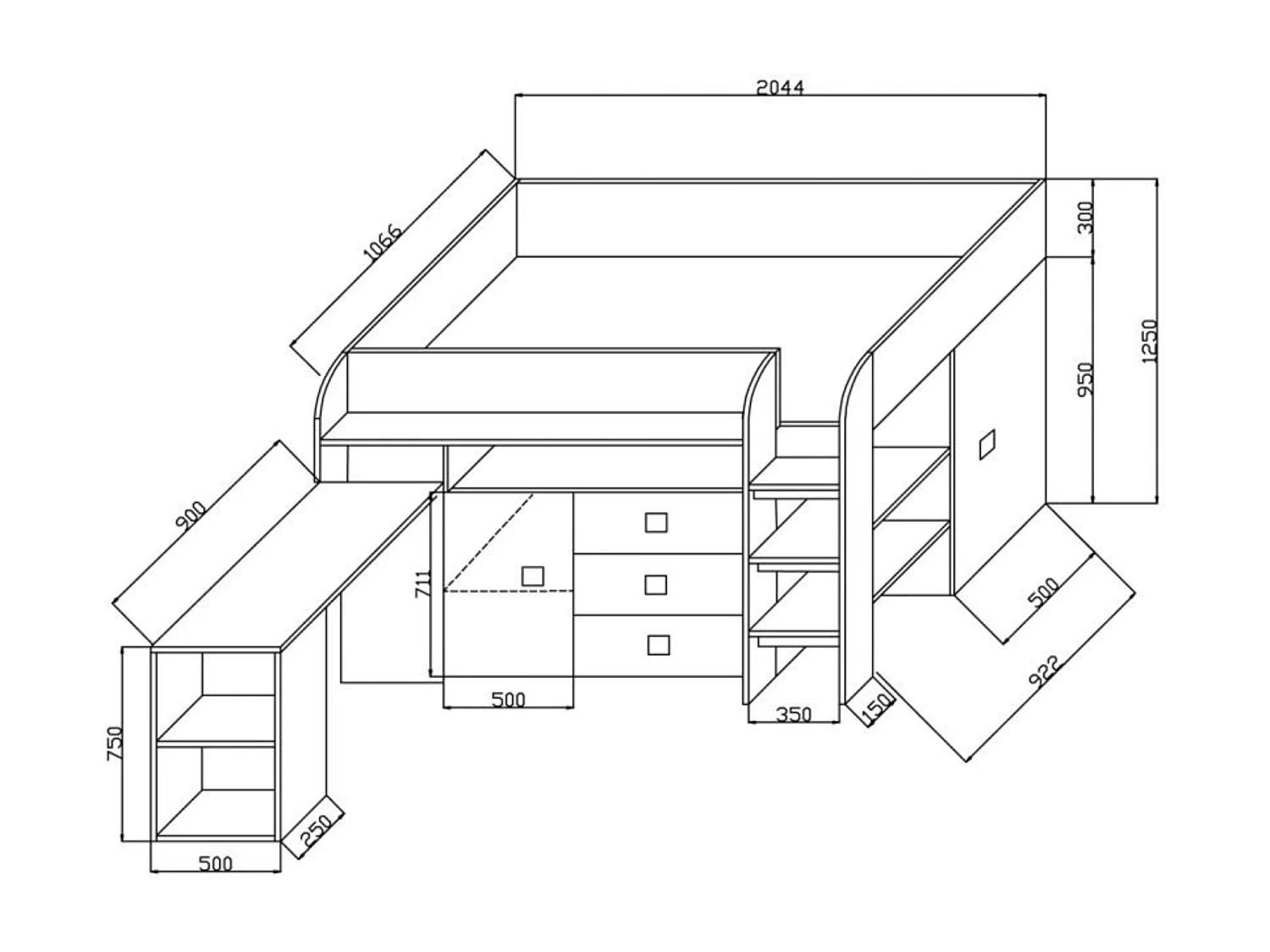 KONKRET 1 Etagenbett 203,3/125/106,6 (Beton/Wotan)