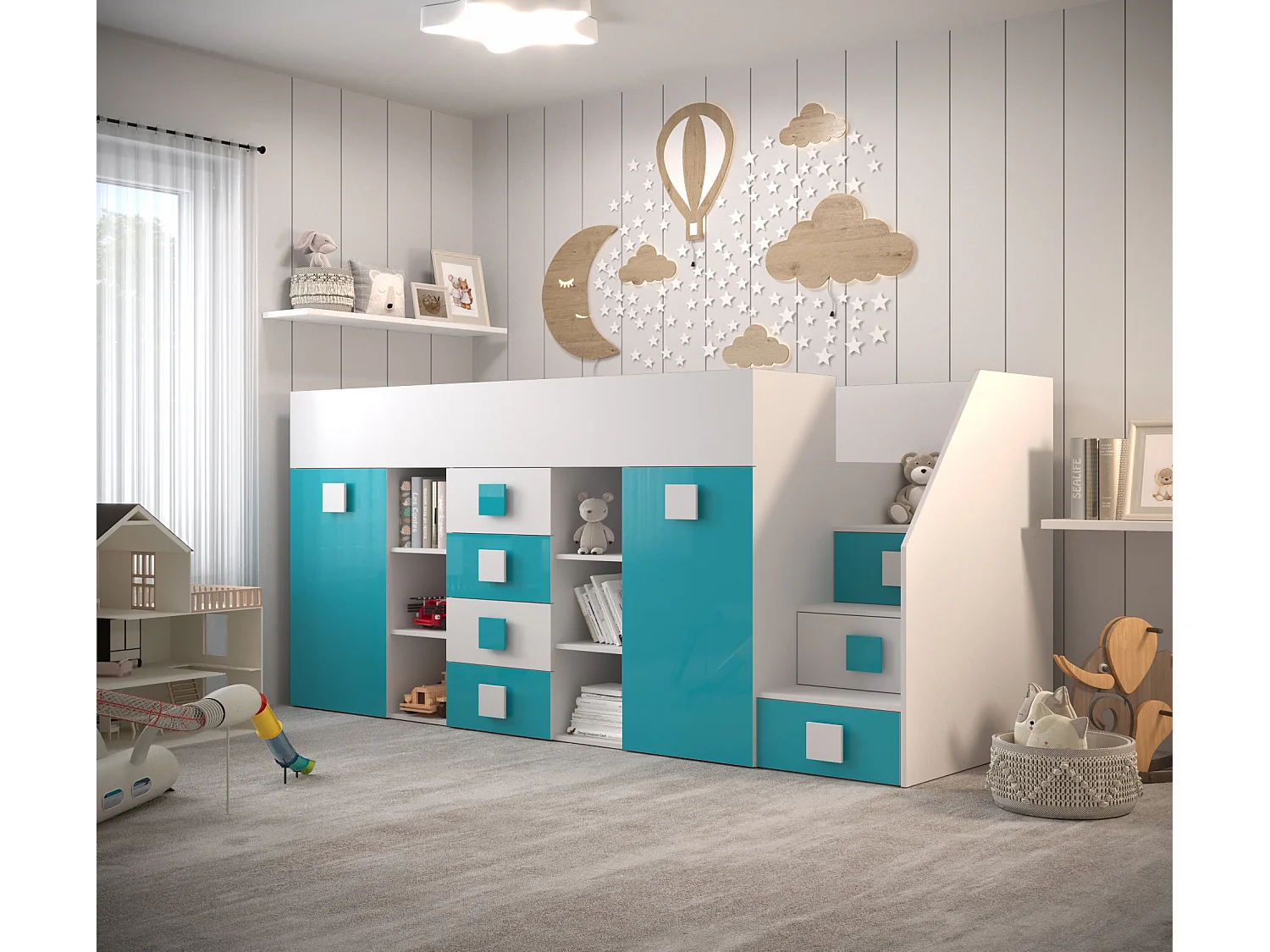 TOLEDO 3P Lit superposé 248,5/123/93 (blanc/turquoise)