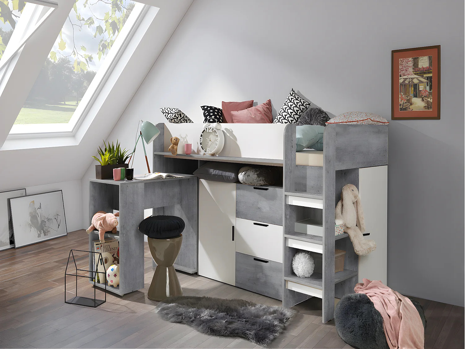 KONKRET 1 Etagenbett 203,3/125/106,6 (Beton/weiß)