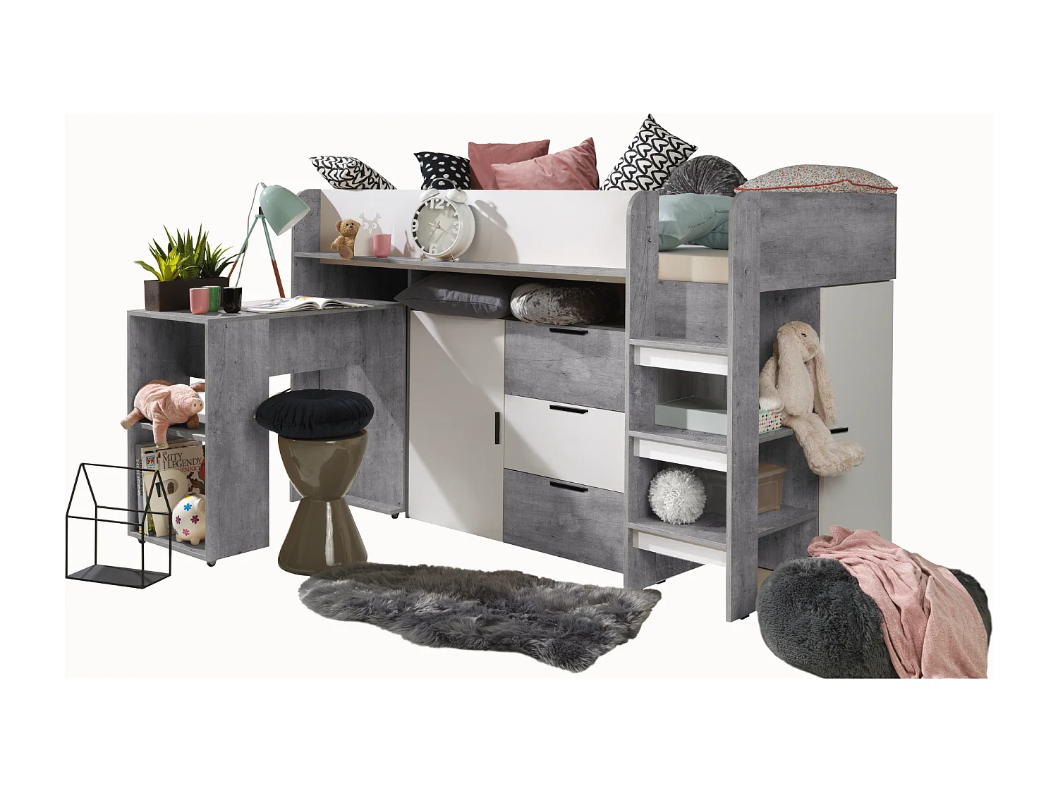 KONKRET 1 Lit superposé 203,3/125/106,6 (béton/blanc)