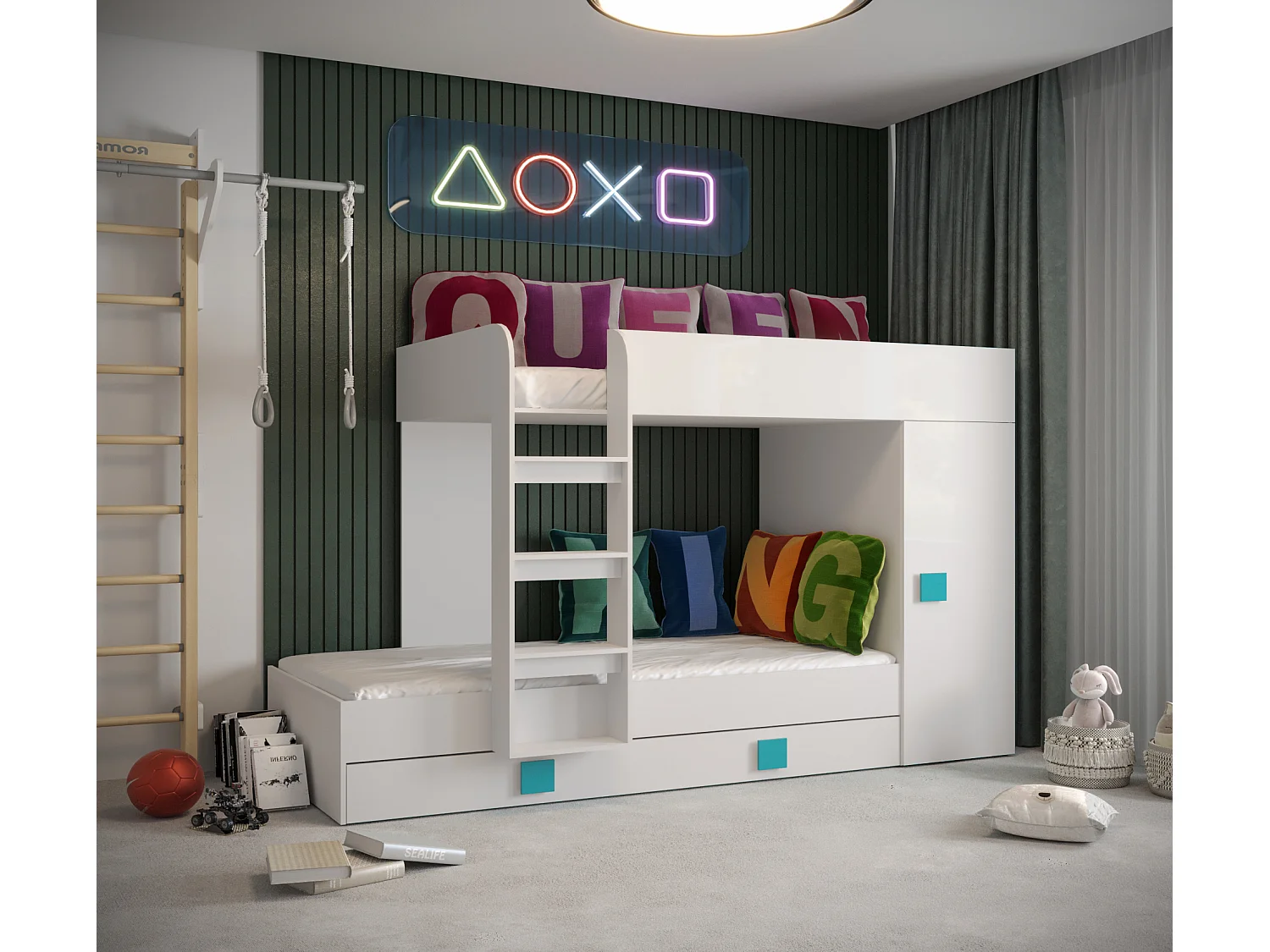 TOLEDO 2 Stapelbed 203,3/106,6/125 (wit/wit/turquoise)