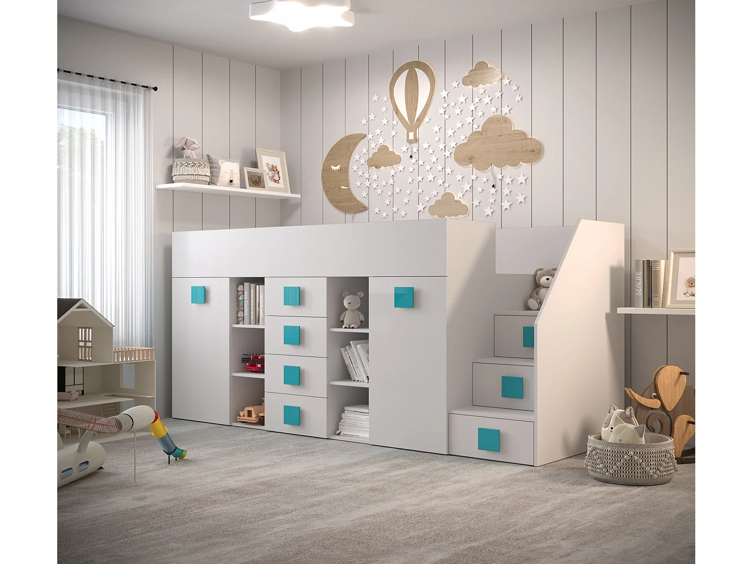 TOLEDO 3P Lit superposé 248,5/123/93 (blanc/blanc/turquoise)