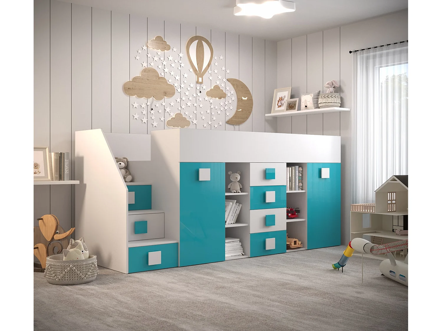 TOLEDO 3L Lit superposé 248,5/123/93 (blanc/turquoise)