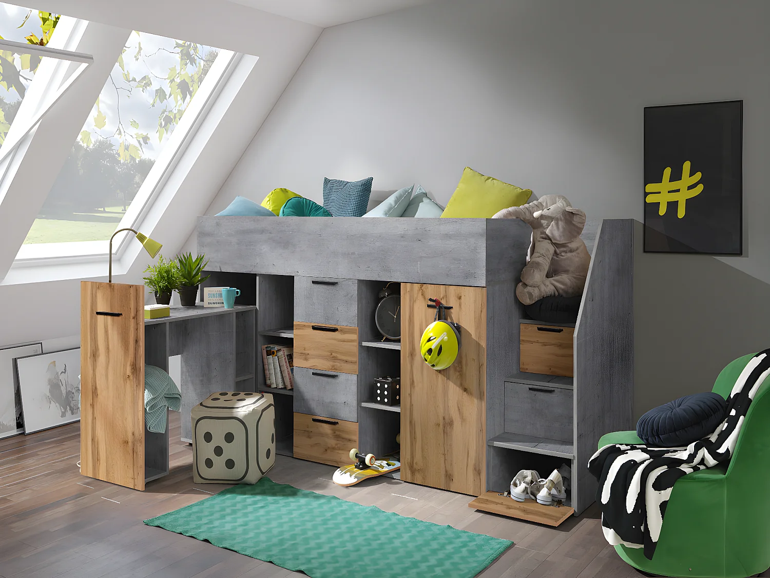 KONKRET 3P Etagenbett 248,5/123/93 (Beton/Wotan)