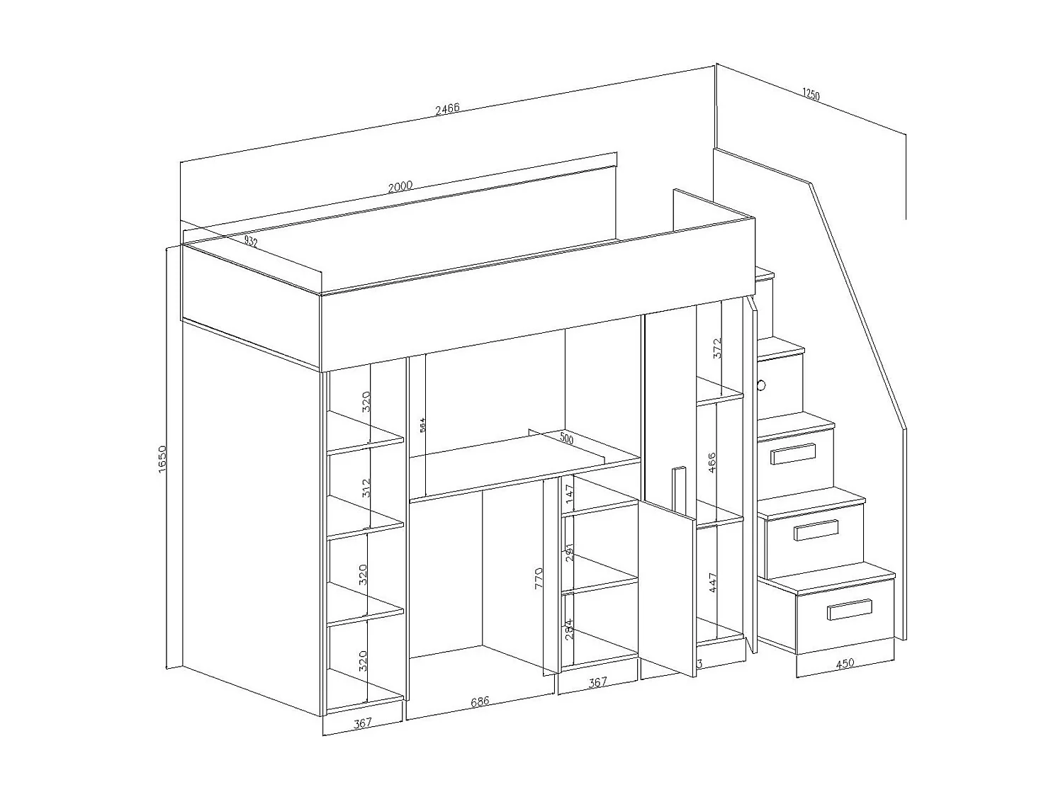 Stapelbed PARTY 14 247/165/120 (wit/wit/grijs)