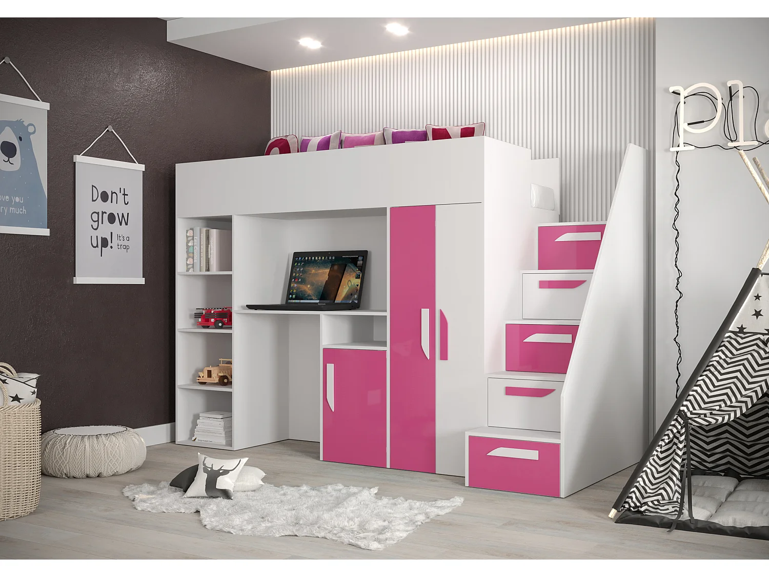 Stapelbed PARTY 14 247/165/120 (wit/roze)