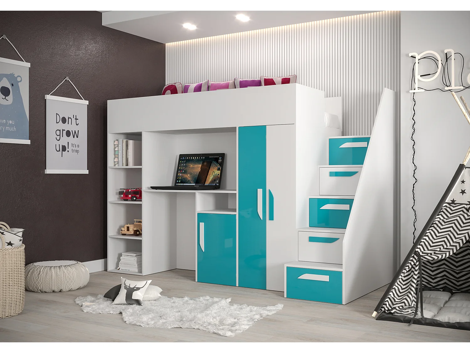 Stapelbed PARTY 14 247/165/120 (wit/turquoise)