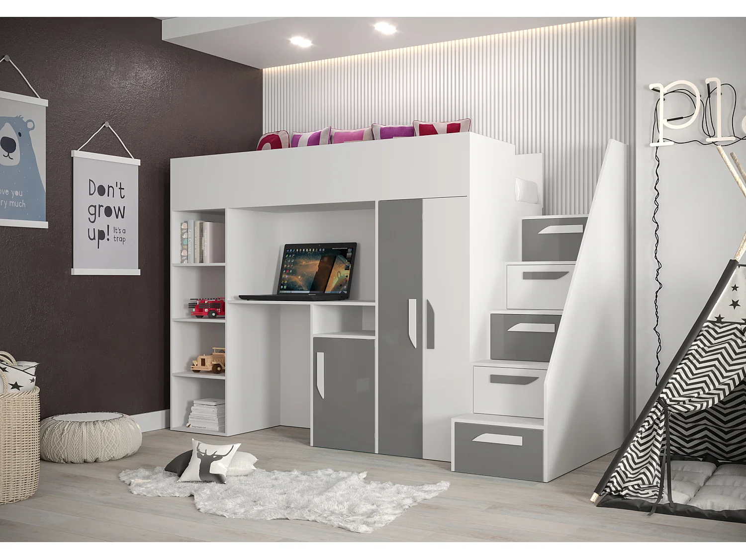 Stapelbed PARTY 14 247/165/120 (wit/grijs)