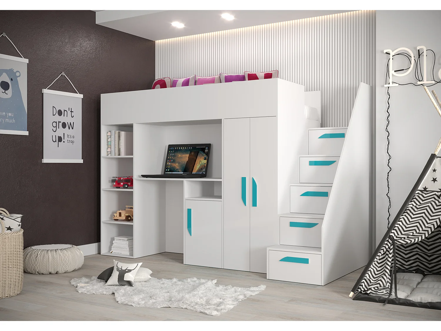 PARTY 14 Etagenbett 247/165/120 (weiß/weiß/türkis)