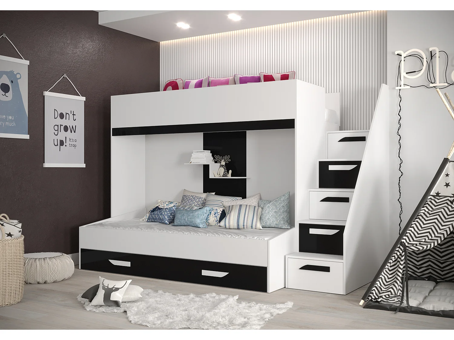PARTY 16 Etagenbett 247/165/135 (weiß/schwarz)