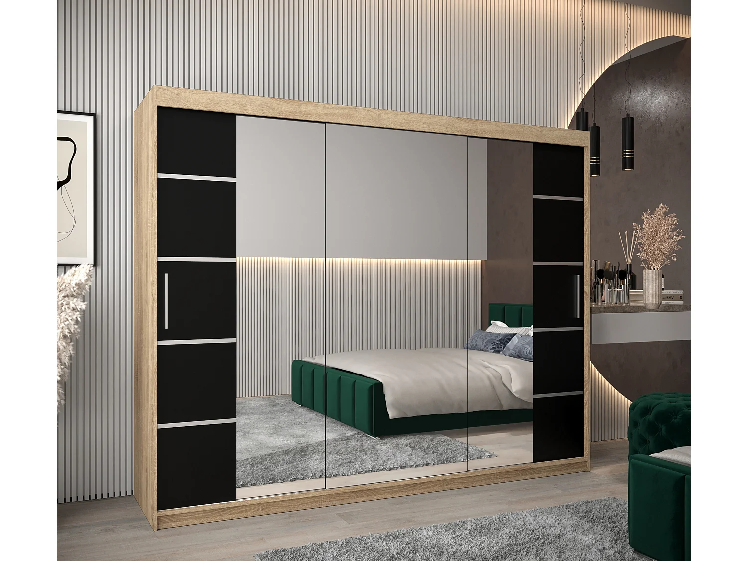 SCHWEBETÜRENSCHRANK VERONA 4 200/250/62 3-türig (Sonoma/Schwarz)