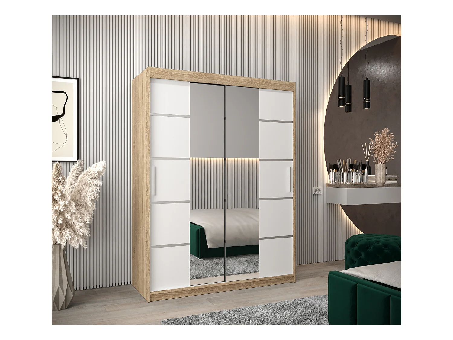 SCHWEBETÜRENSCHRANK VERONA 4 200/150/62 2-türig (Sonoma/Weiß)