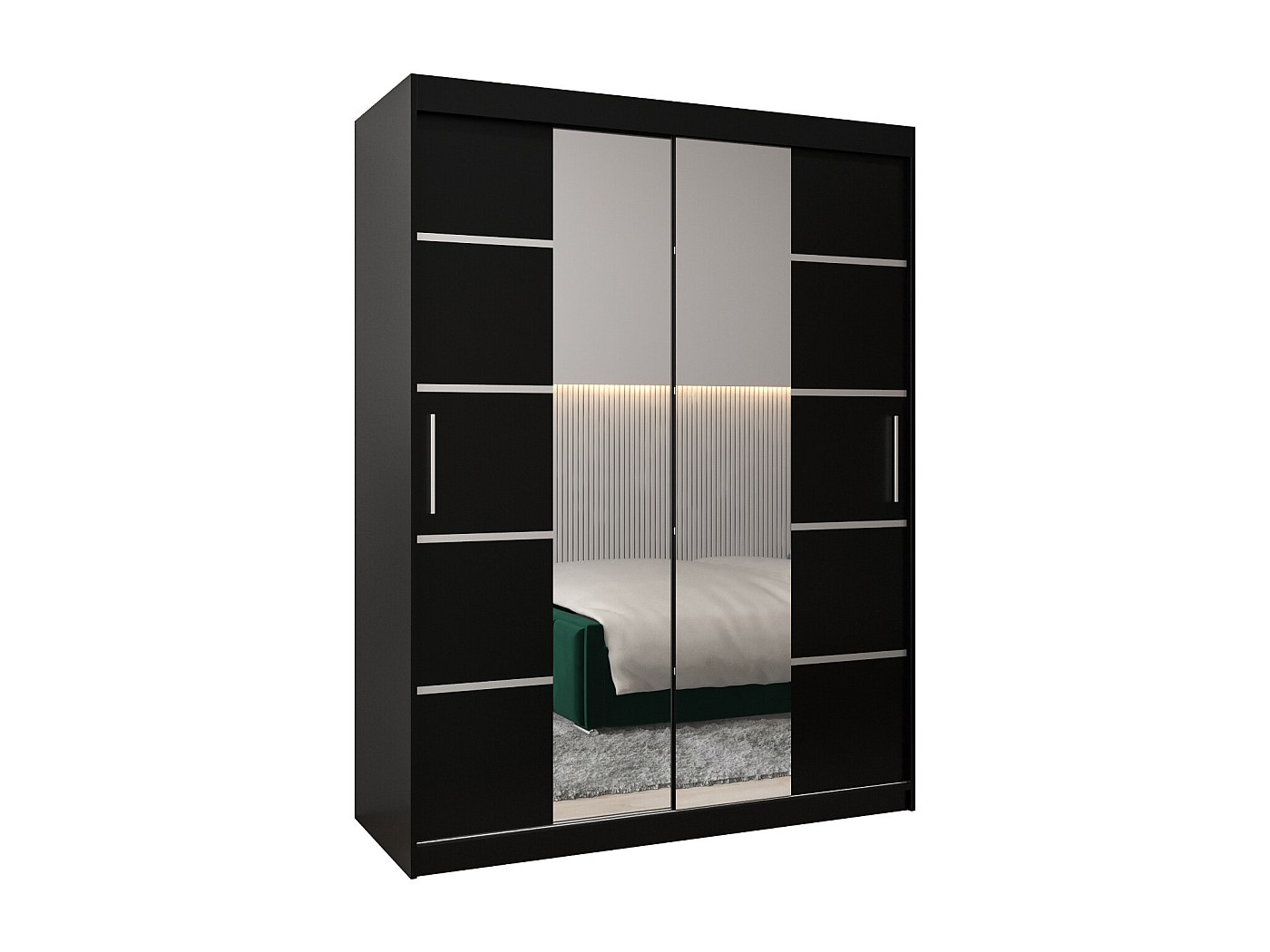 ABIKSMEBLE Armadio Scorrevole Verona 2 – 150x200x62 Cm, Bianco E Nero Opaco, 2 Ante Con Specchio, Barre E Ripiani, Moderno