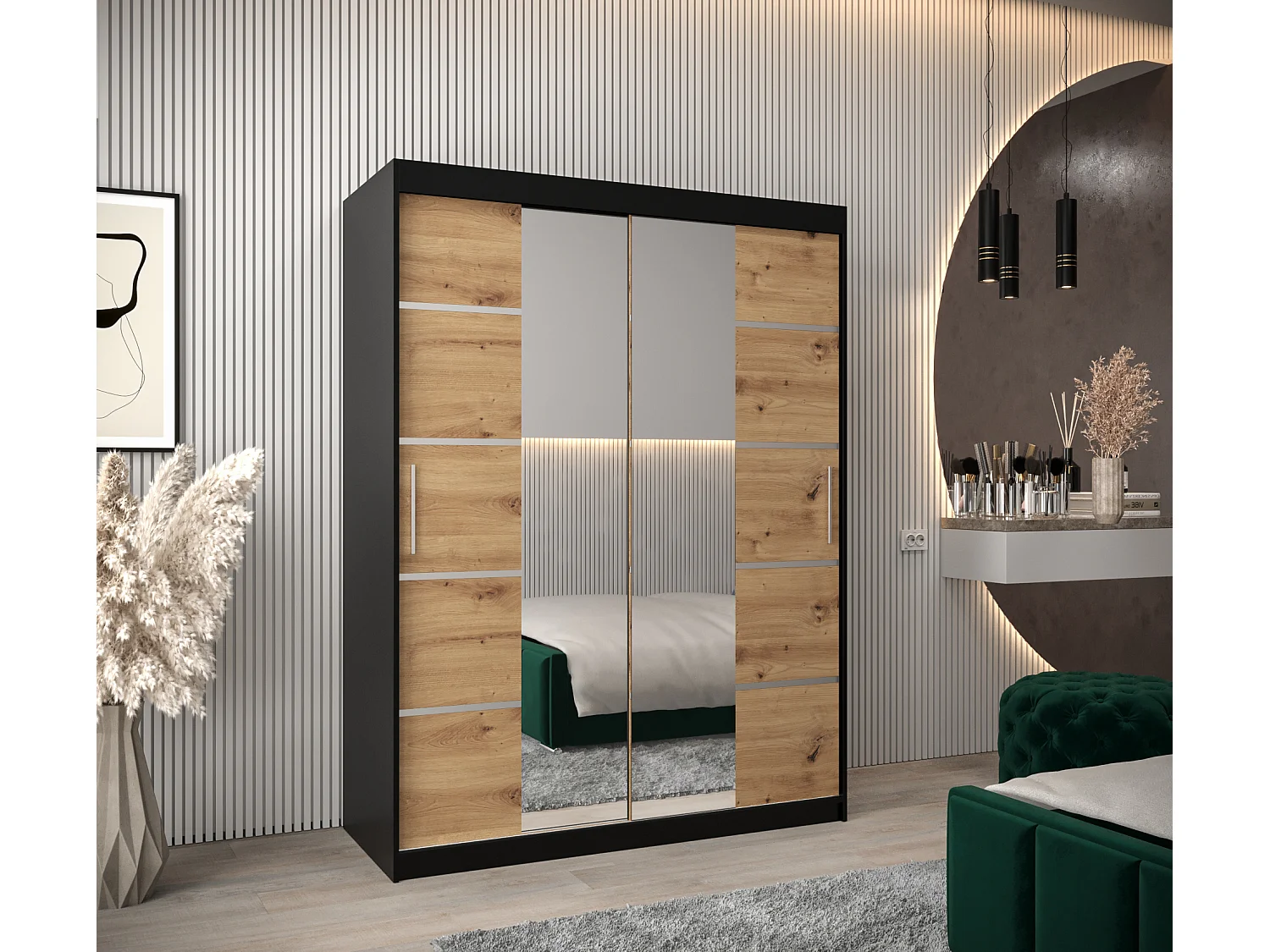 ARMOIRE VERONA 4 À PORTES COULISSANTES 200/150/62 2 Portes (Noir/Artisan)