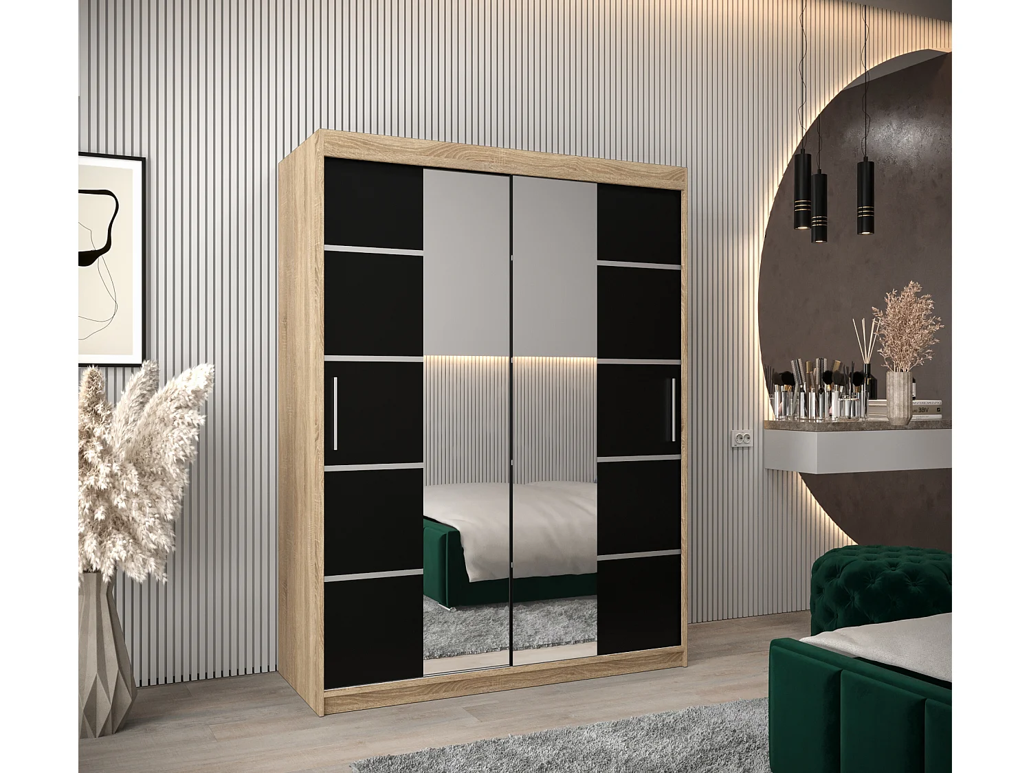 ARMOIRE VERONA 4 À PORTES COULISSANTES 200/150/62 2 Portes (Sonoma/Noir)