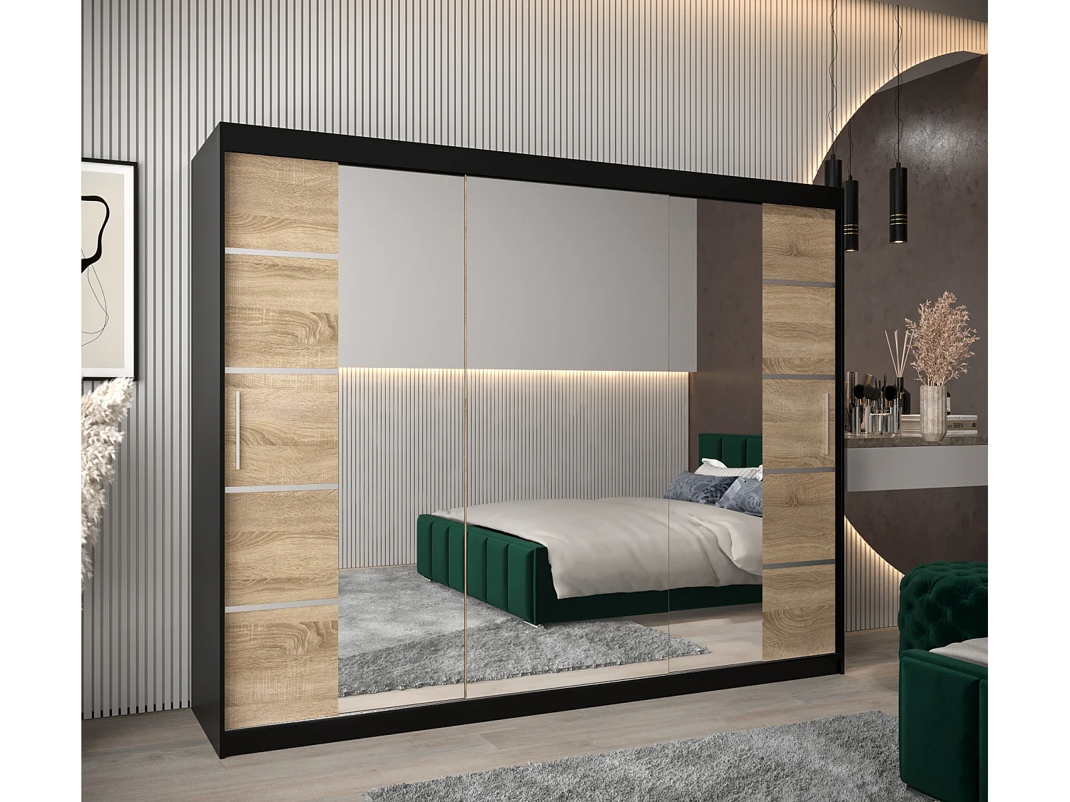 ARMOIRE VERONA 4 À PORTES COULISSANTES 200/250/62 3 Portes (Noir/Sonoma)