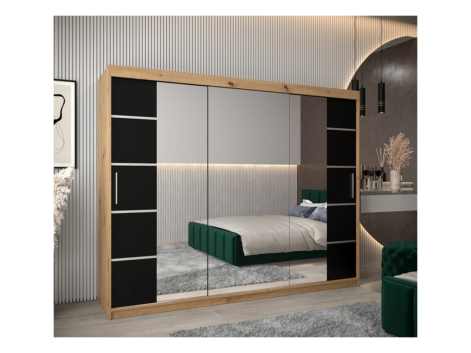 ARMOIRE VERONA 4 À PORTES COULISSANTES 200/250/62 3 Portes (Artisan/Noir)