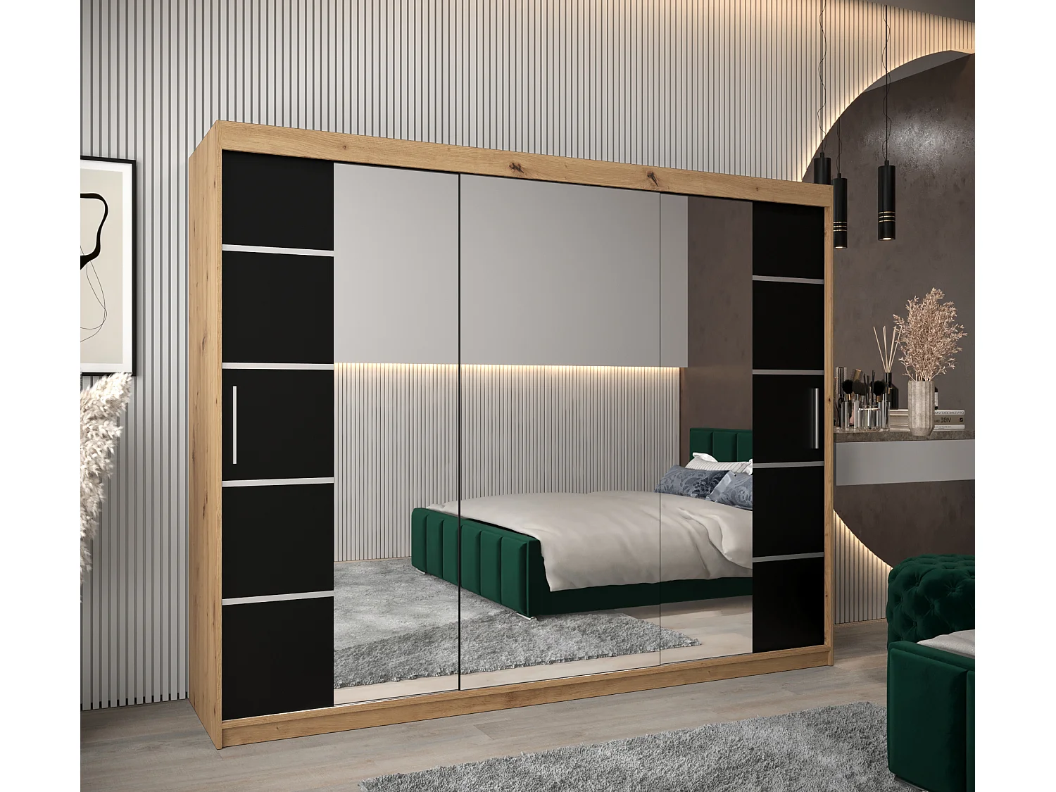 ARMOIRE VERONA 4 À PORTES COULISSANTES 200/250/62 3 Portes (Artisan/Noir)