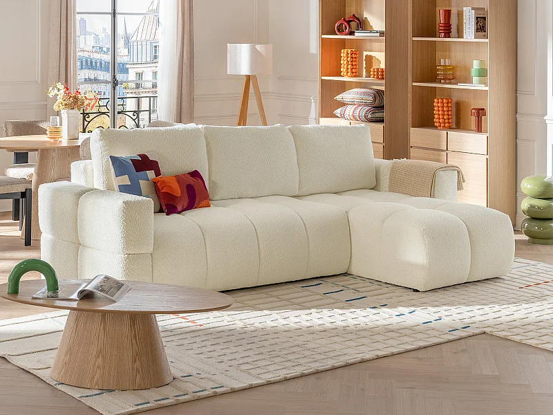 Hoekslaapbank met omkeerbare hoek van beige boucléstof ISSORO