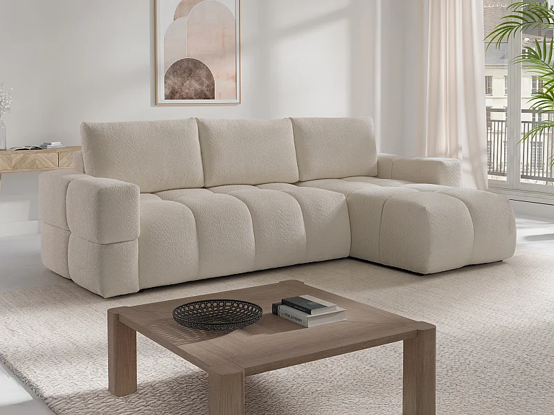Canapé d'angle réversible convertible en tissu bouclette beige ISSORO II
