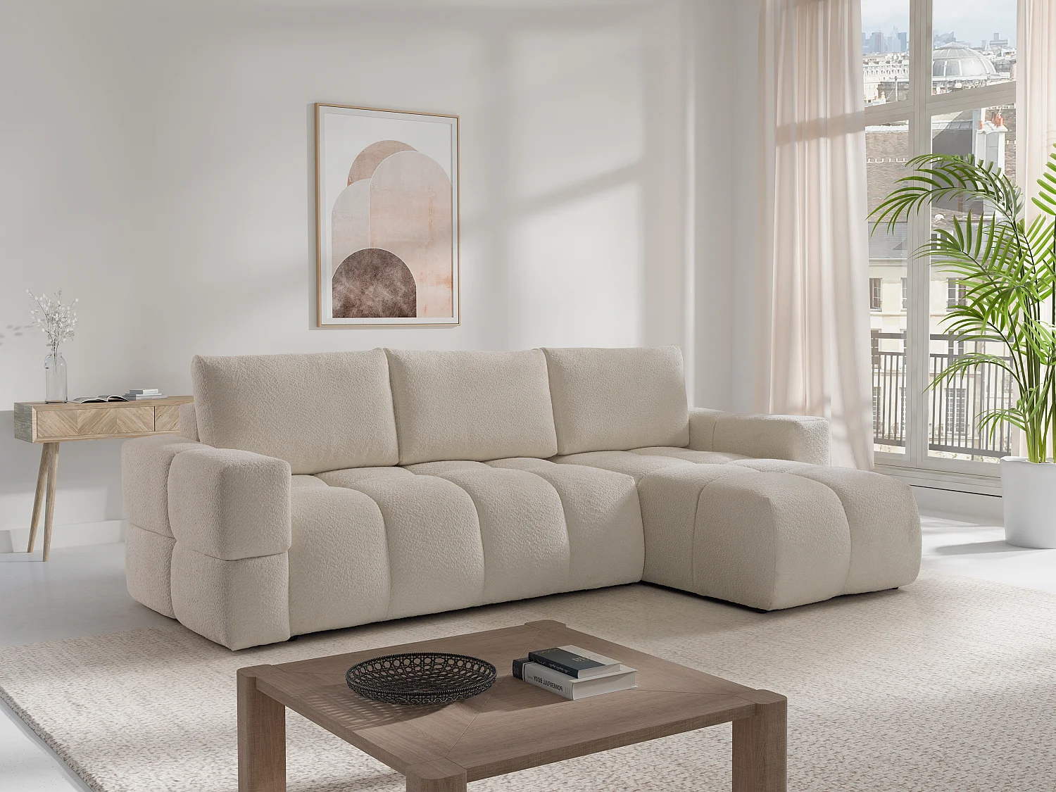Canapé d'angle réversible convertible en tissu bouclette beige ISSORO II