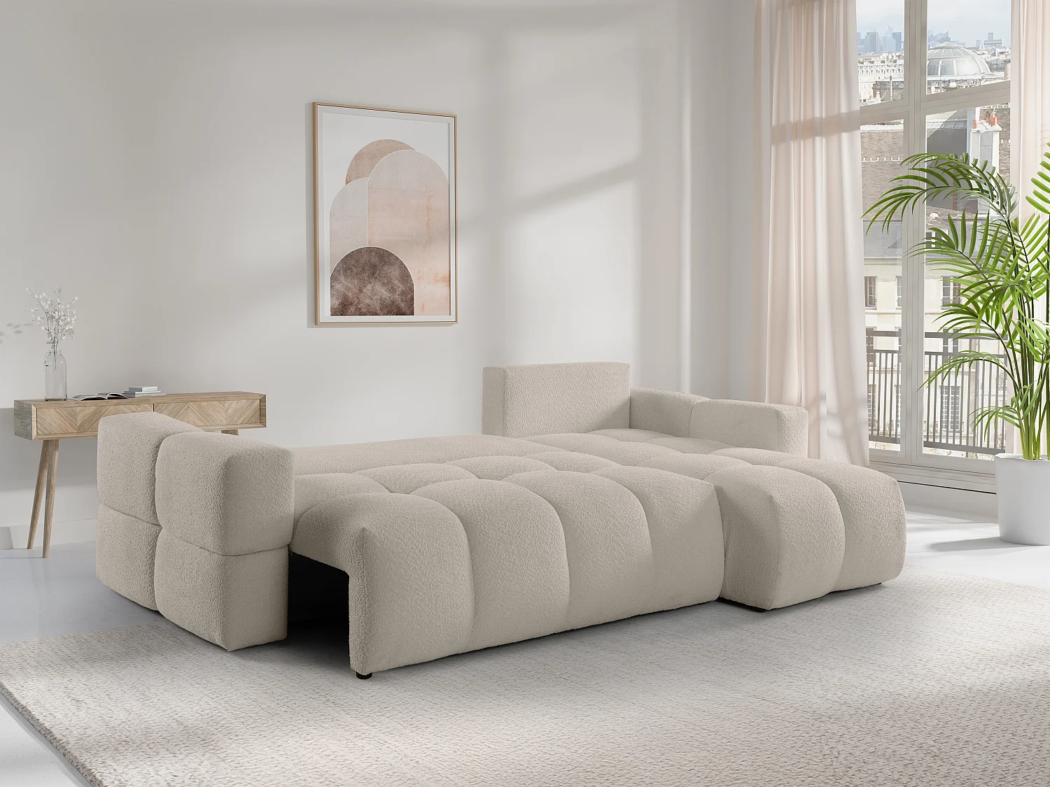 Ecksofa mit Schlaffunktion - Ecke wechselbar - Bouclé-Stoff - Beige - ISSORO II