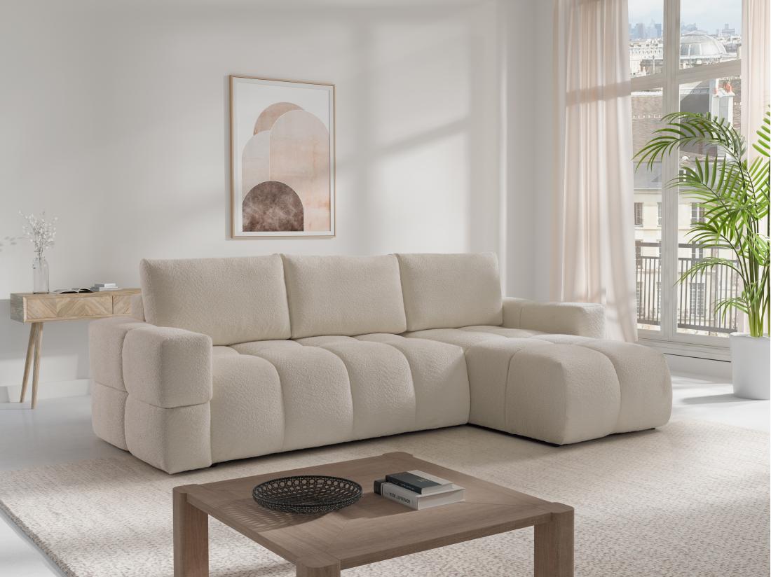 vente unique Canapé d'angle réversible convertible en tissu bouclette beige ISSORO II