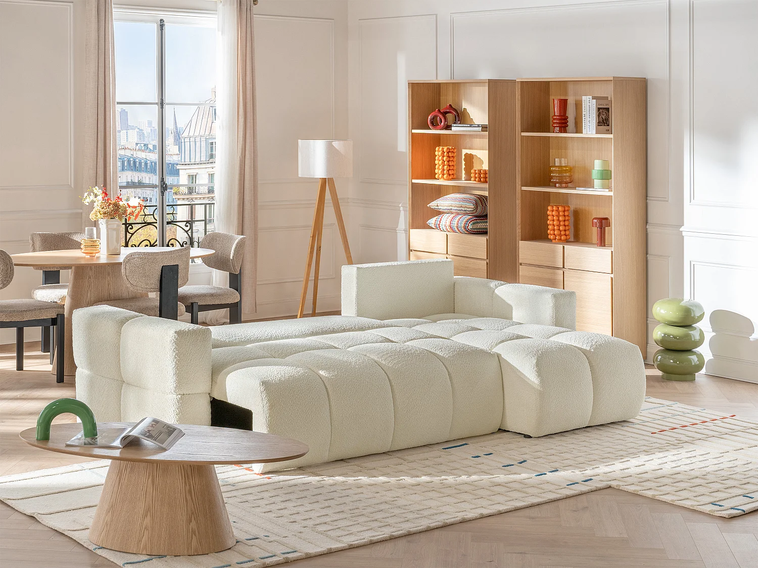 Ecksofa mit Schlaffunktion - Ecke wechselbar - Bouclé-Stoff - Beige - ISSORO II
