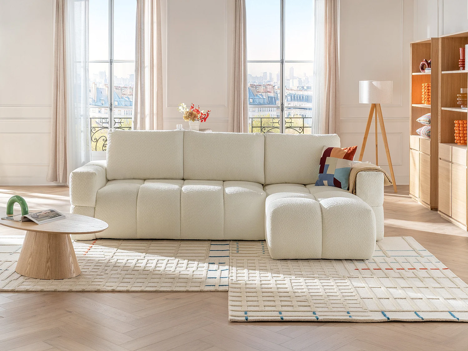 Ecksofa mit Schlaffunktion - Ecke wechselbar - Bouclé-Stoff - Beige - ISSORO II
