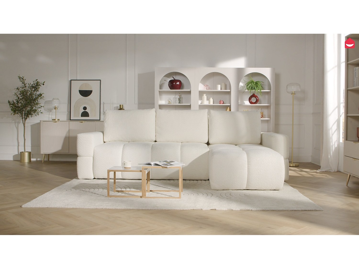 Reversibel sovesofamodul i krøllet beige stoff ISSORO II