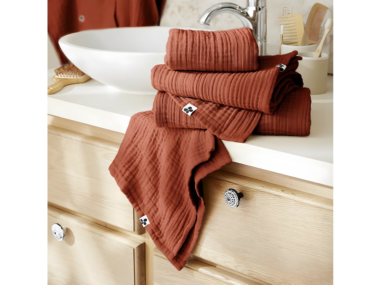 OUREA - Serviette de Bain 90x150cm Gaze de Coton Terracotta