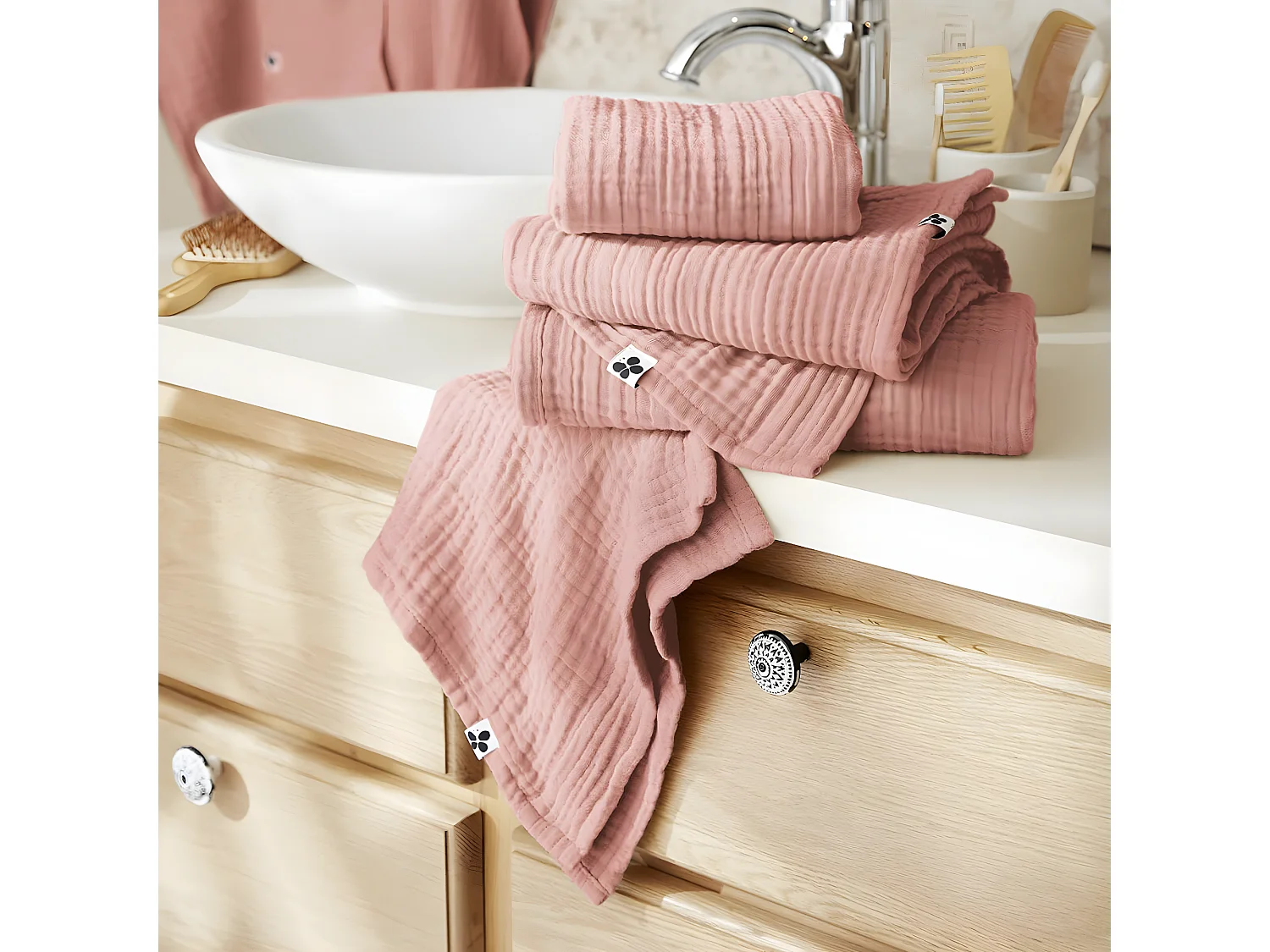 OUREA - Serviette de Toilette 50x90cm Gaze de Coton Rose pêche