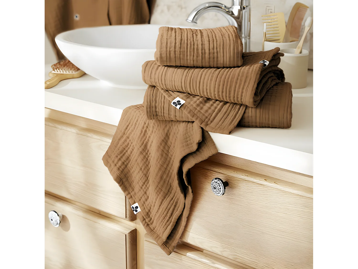 OUREA - Serviette Invité 30x50cm Gaze de Coton Camel