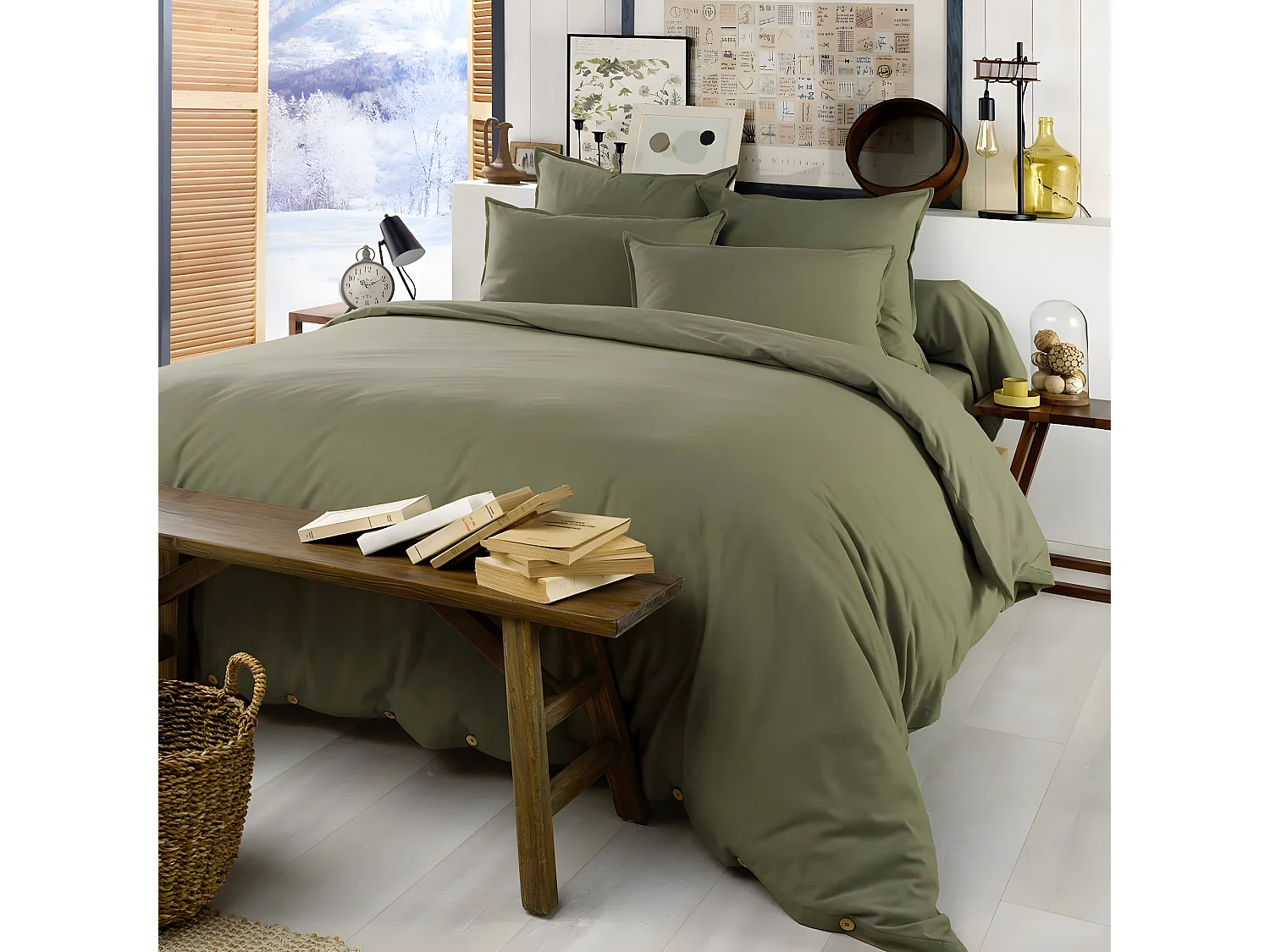 HEDDA - Drap Plat 240x300cm Flanelle de Coton Coloris Romarin